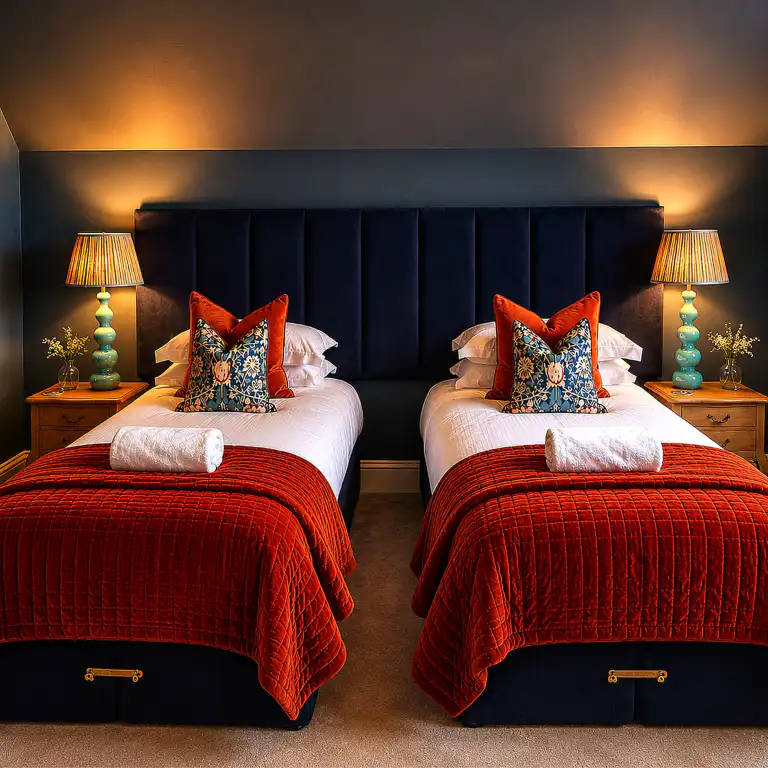 Luxury twin bedroom accommodation at Ladyburn House Scotland, showing beautifully dressed single beds with orange velvet quilts for guests on our Yoga, Meditation and Healing retreat.
