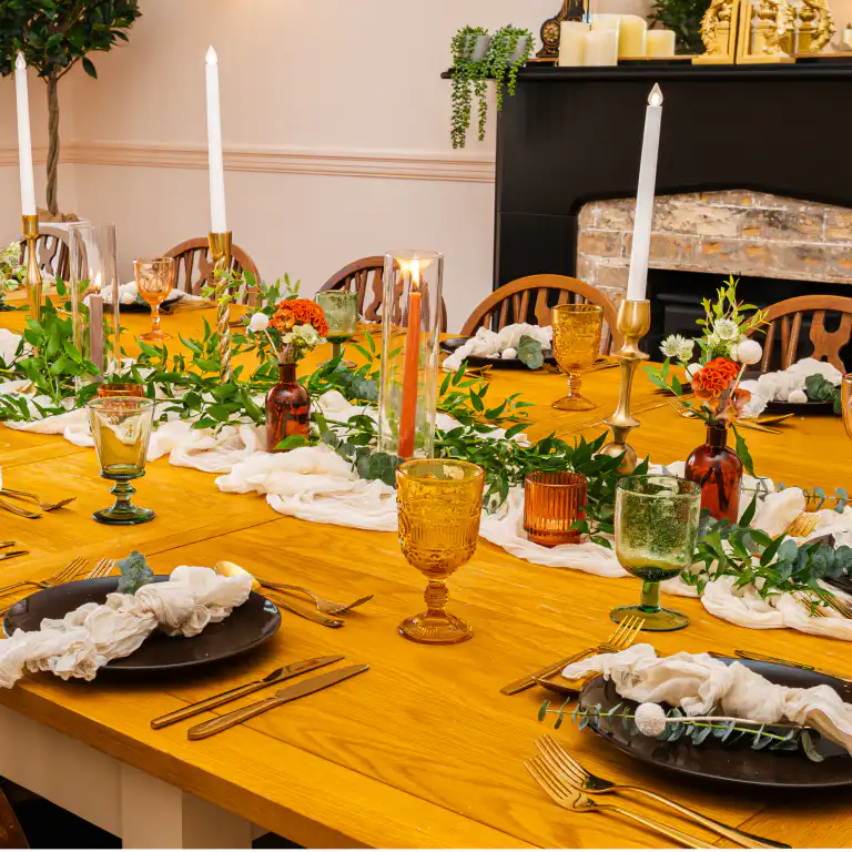 Beautifully styled luxury dining table at Ladyburn House Scotland, illustrating the chef-prepared organic meals for our Yoga, Meditation and Healing retreat guests.